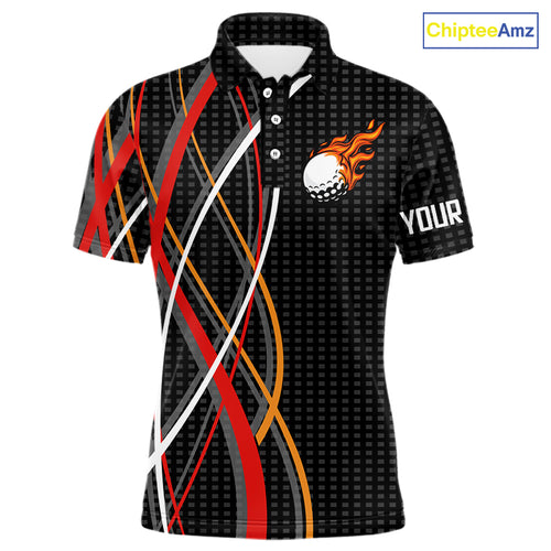 Mens Golf polo shirts flame golf ball sport Custom golf outfit for men, unique golf gifts | Black NQS10066