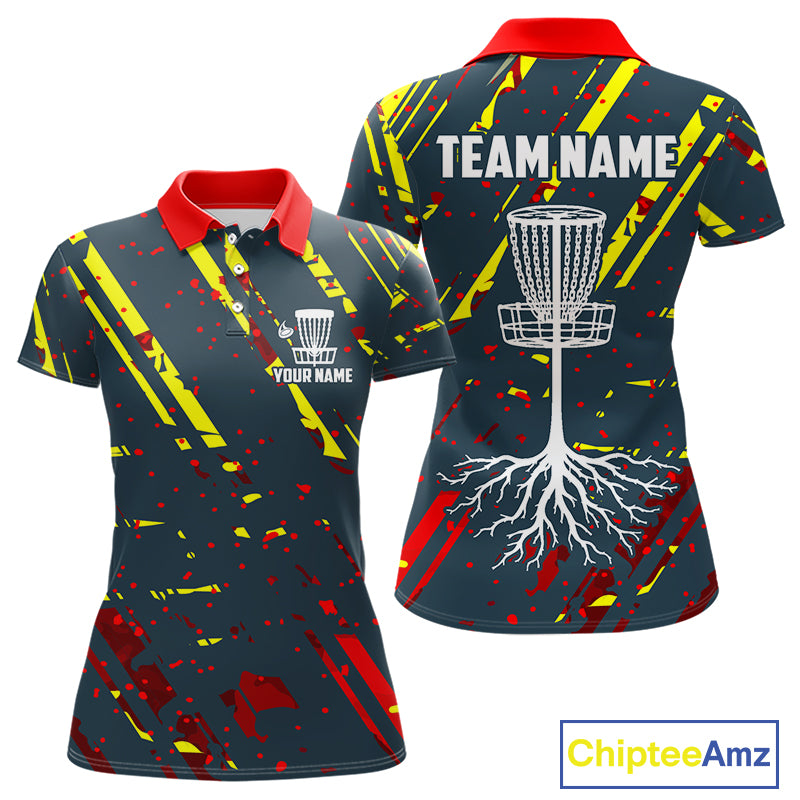 Blue, yellow and red background Womens Disc golf polo shirts Custom name disc golf clothing for team NQS10067