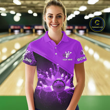 Load image into Gallery viewer, Women bowling polo, 1/4 zip shirts Custom purple lightning thunder Bowling Team Jersey Bowlers Gift NQS10591