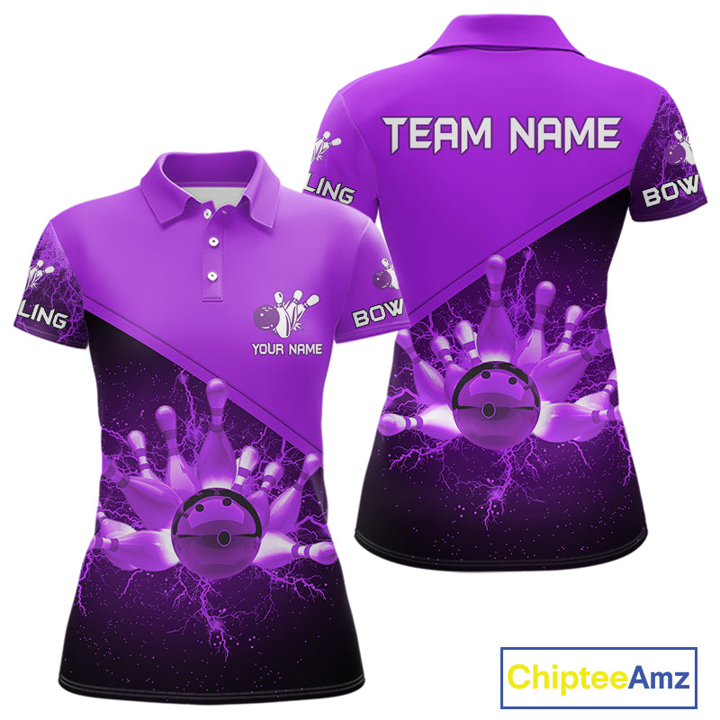 Women bowling polo, 1/4 zip shirts Custom purple lightning thunder Bowling Team Jersey Bowlers Gift NQS10591