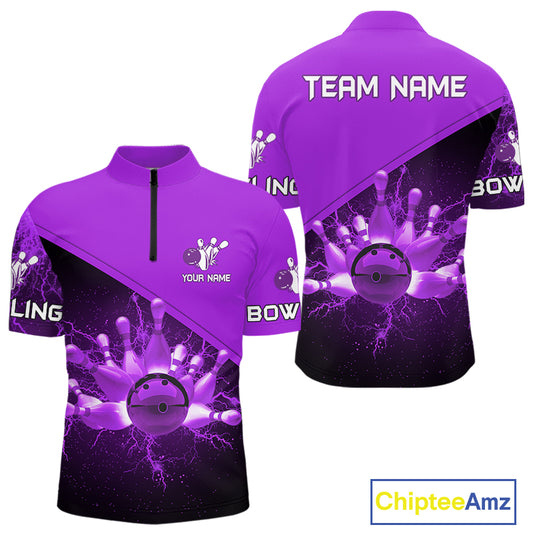 Men bowling polo, quarter zip shirts Custom purple lightning thunder Bowling Team Jersey Bowlers Gift NQS10591