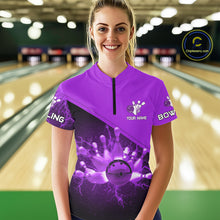 Load image into Gallery viewer, Women bowling polo, 1/4 zip shirts Custom purple lightning thunder Bowling Team Jersey Bowlers Gift NQS10591