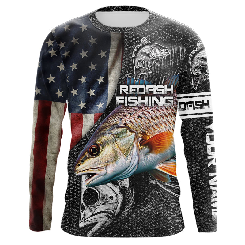 Redfish red drum fishing fish skeleton American flag Custom sun protection long sleeve fishing shirts NQS4053