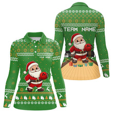 Load image into Gallery viewer, Green Ugly Christmas pattern Santa Women Bowling Polo, Quarter Zip Shirt Custom Bowling Team Jersey NQS9115