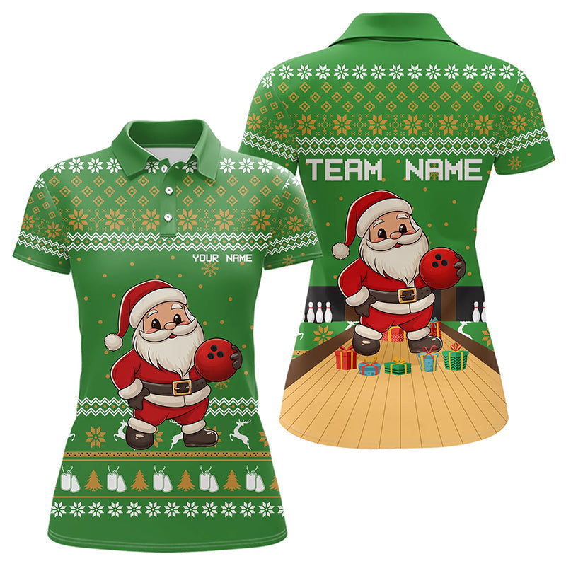 Green Ugly Christmas pattern Santa Women Bowling Polo, Quarter Zip Shirt Custom Bowling Team Jersey NQS9115