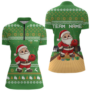 Green Ugly Christmas pattern Santa Women Bowling Polo, Quarter Zip Shirt Custom Bowling Team Jersey NQS9115