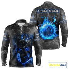 Load image into Gallery viewer, Grey Smoke Blue Flame Skull Bowling Polo, Quarter Zip Shirts For Men Custom Team Bowling Jerseys NQS11182