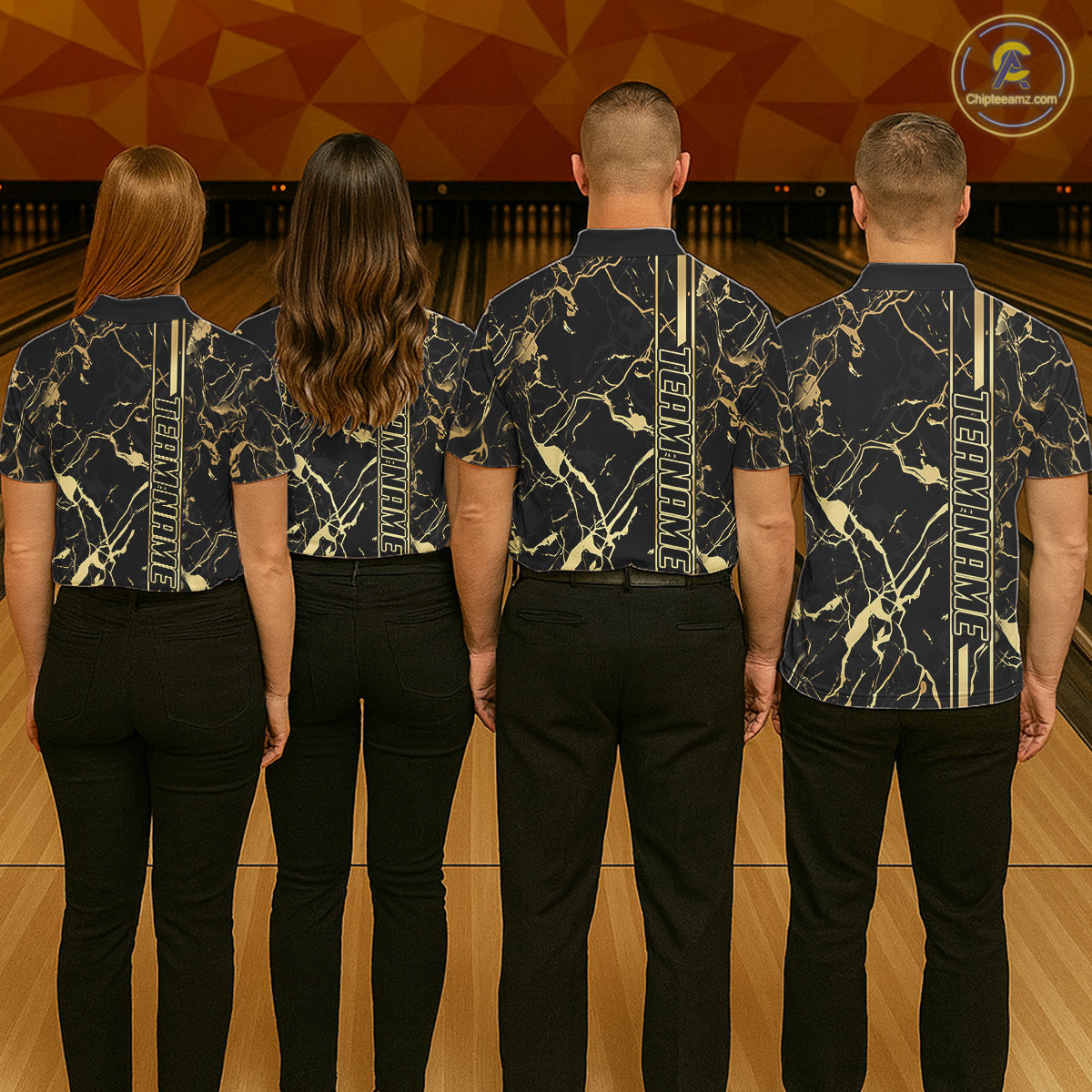 Black and Gold Camo Flame Bowling Polo, Quarter Zip Shirts For Men Custom Team Bowling Jerseys NQS11183