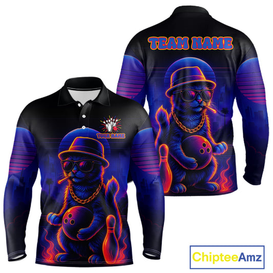 Custom Funny Cat Neon Bowling Jerseys for Men Bowling Uniform Polo & 1/4 Zip Bowling Team Shirts NQS11185