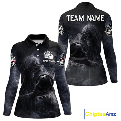 Custom Smoke Skull reaper Bowling Polo, 1/4 Zip Shirts for Women, Team bowling outfit Jerseys NQS11596
