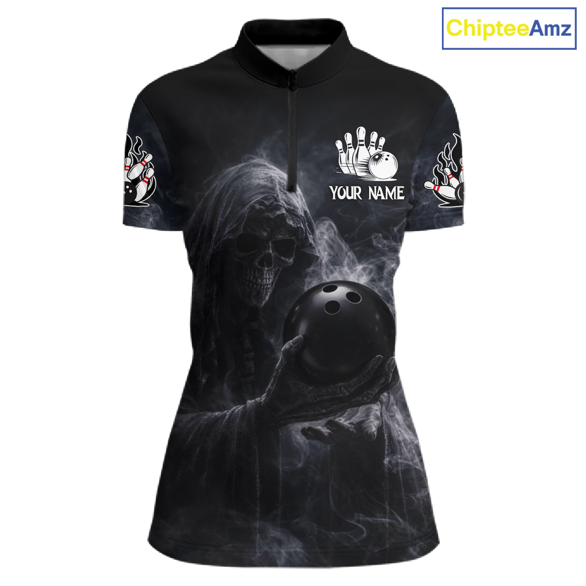 Custom Smoke Skull reaper Bowling Polo, 1/4 Zip Shirts for Women, Team bowling outfit Jerseys NQS11596
