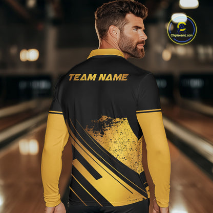 Custom Black And Gold Bowling Team Polo, Quarter-Zip Shirts For Men, Personalized Bowling Jerseys NQS10219