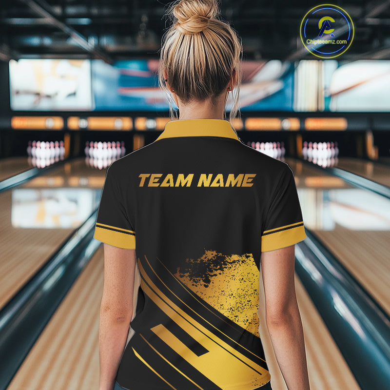 Custom Black And Gold Bowling Team Polo, Quarter-Zip Shirts For Women, Personalized Bowling Jerseys NQS10219