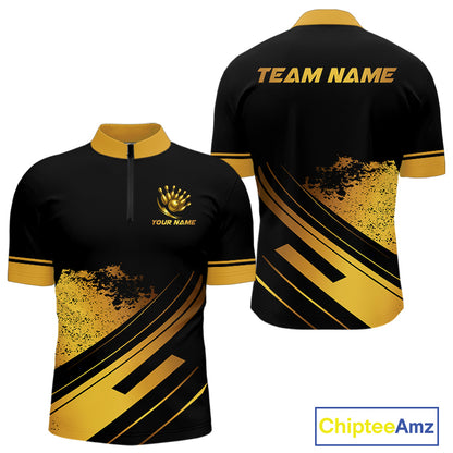 Custom Black And Gold Bowling Team Polo, Quarter-Zip Shirts For Men, Personalized Bowling Jerseys NQS10219