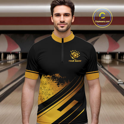 Custom Black And Gold Bowling Team Polo, Quarter-Zip Shirts For Men, Personalized Bowling Jerseys NQS10219