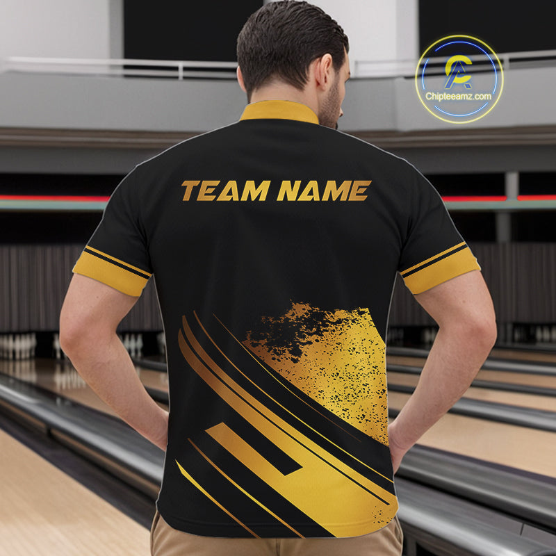 Custom Black And Gold Bowling Team Polo, Quarter-Zip Shirts For Men, Personalized Bowling Jerseys NQS10219
