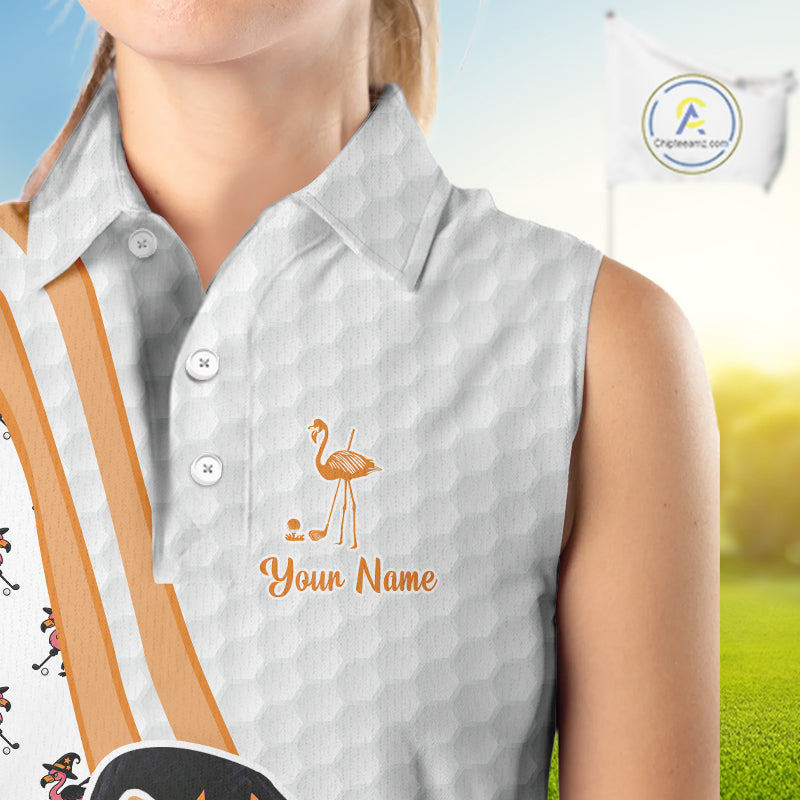Funny Women Sleeveless Polo Shirt custom Halloween flamingo pattern white golf shirts NQS10377