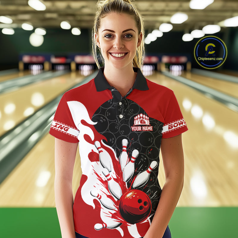 Black and Red Camo Bowling Polo, Quarter Zip Shirt For Women custom Bowling Team Jerseys Uniform NQS10380