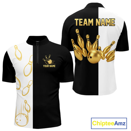 Black and white retro vintage Bowling polo, 1/4 Zip shirts for Men custom Bowling team jerseys | Gold NQS10808