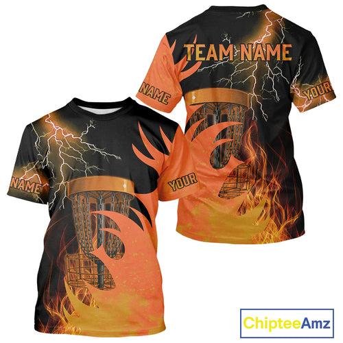 Black and Orange Flame Lightning Thunder Disc golf T-Shirt Custom team disc golf outfit NQS10812