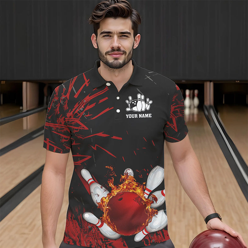 Black and Red Flame Bowling Polo, Quarter Zip Shirts for Men Custom Team mens bowling jersey NQS9313