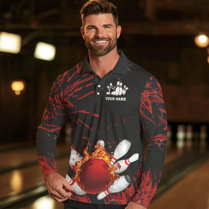 Black and Red Flame Bowling Polo, Quarter Zip Shirts for Men Custom Team mens bowling jersey NQS9313