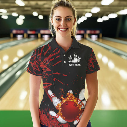 Black and Red Flame Bowling Polo, Quarter Zip Shirts for Women Custom Team womens bowling jersey NQS9313