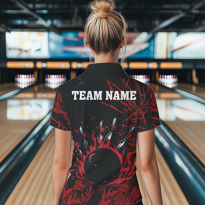 Black and Red Flame Bowling Polo, Quarter Zip Shirts for Women Custom Team womens bowling jersey NQS9313