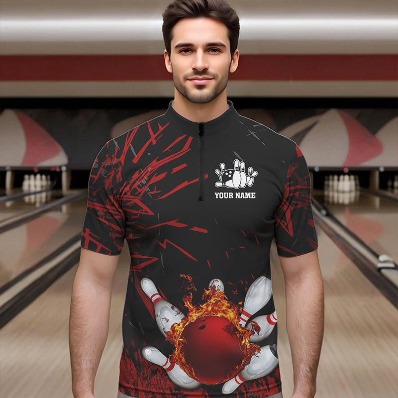 Black and Red Flame Bowling Polo, Quarter Zip Shirts for Men Custom Team mens bowling jersey NQS9313
