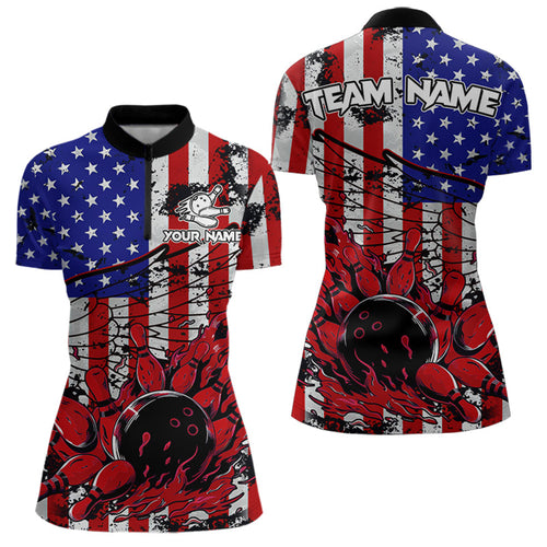 Vintage American Flag Wings Women Bowling Polo, Quarter Zip Shirt Custom Patriotic Team bowling jersey NQS9314