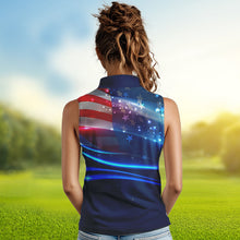 Load image into Gallery viewer, Blue Lights American Flag Womens sleeveless golf polo shirt, patriotic golf shirts for women NQS9316