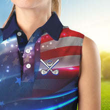 Load image into Gallery viewer, Blue Lights American Flag Womens sleeveless golf polo shirt, patriotic golf shirts for women NQS9316