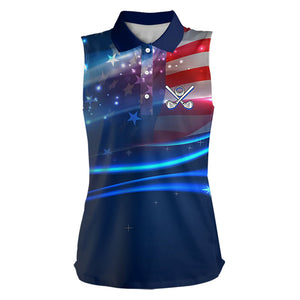 Blue Lights American Flag Womens sleeveless golf polo shirt, patriotic golf shirts for women NQS9316