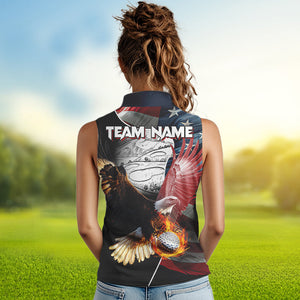 American Flag Eagle flame golf ball Womens sleeveless polo shirt custom patriotic ladies golf shirt NQS9317