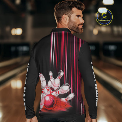 Black and red light Men bowling Polo, Quarter Zip Shirt Custom bowling ball and pins Team jerseys NQS9828