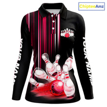 Load image into Gallery viewer, Black and red light Women bowling Polo, Quarter Zip Shirt Custom bowling ball and pins Team jerseys NQS9828