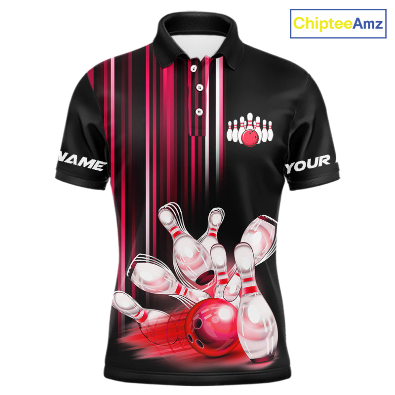 Black and red light Men bowling Polo, Quarter Zip Shirt Custom bowling ball and pins Team jerseys NQS9828