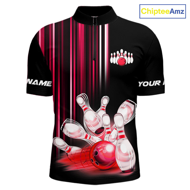 Black and red light Men bowling Polo, Quarter Zip Shirt Custom bowling ball and pins Team jerseys NQS9828