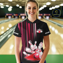 Load image into Gallery viewer, Black and red light Women bowling Polo, Quarter Zip Shirt Custom bowling ball and pins Team jerseys NQS9828