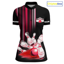 Load image into Gallery viewer, Black and red light Women bowling Polo, Quarter Zip Shirt Custom bowling ball and pins Team jerseys NQS9828