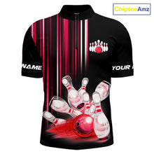 Load image into Gallery viewer, Black and red light Men bowling Polo, Quarter Zip Shirt Custom bowling ball and pins Team jerseys NQS9828