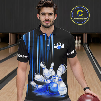 Black and blue light Men bowling Polo, Quarter Zip Shirt Custom bowling ball and pins Team jerseys NQS9829