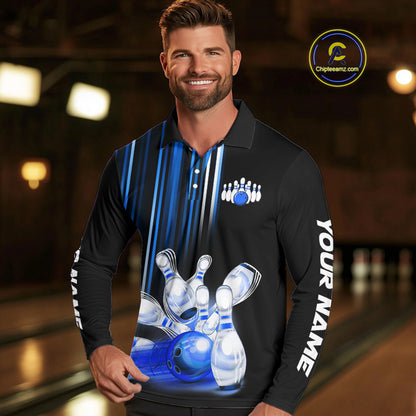 Black and blue light Men bowling Polo, Quarter Zip Shirt Custom bowling ball and pins Team jerseys NQS9829