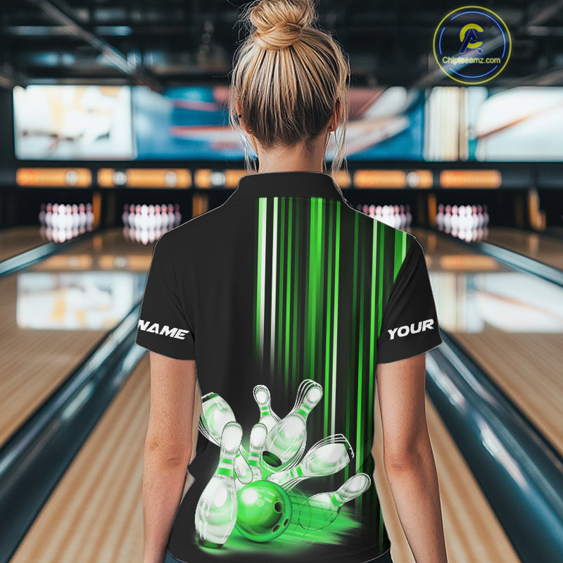 Black and Green light Women bowling Polo, Quarter Zip Shirt Custom bowling ball and pins Team jerseys NQS9830