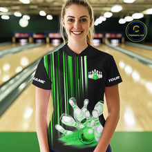 Load image into Gallery viewer, Black and Green light Women bowling Polo, Quarter Zip Shirt Custom bowling ball and pins Team jerseys NQS9830