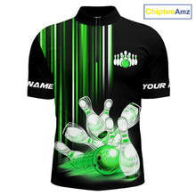 Load image into Gallery viewer, Black and Green light Men bowling Polo, Quarter Zip Shirt Custom bowling ball and pins Team jerseys NQS9830