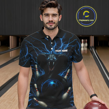 Personalized Blue Thunder Lightning Cobra Snake Bowling Shirt For Men, Custom Name Bowling Team Jersey NQS9834
