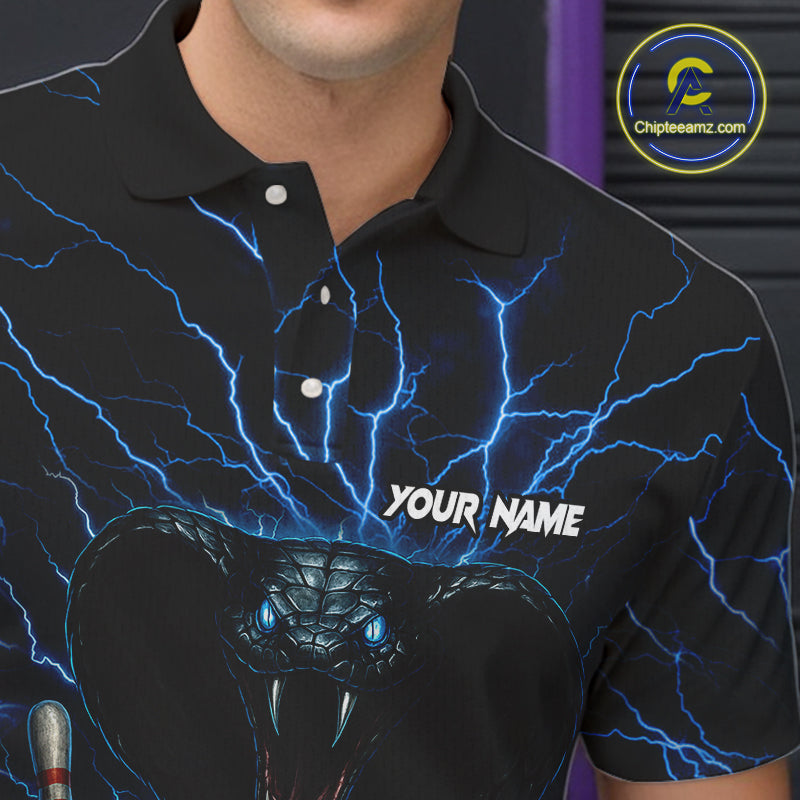 Personalized Blue Thunder Lightning Cobra Snake Bowling Shirt For Men, Custom Name Bowling Team Jersey NQS9834
