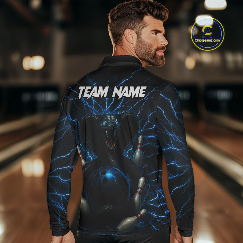 Personalized Blue Thunder Lightning Cobra Snake Bowling Shirt For Men, Custom Name Bowling Team Jersey NQS9834