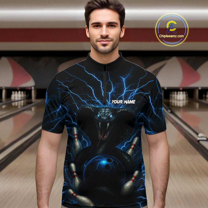 Personalized Blue Thunder Lightning Cobra Snake Bowling Shirt For Men, Custom Name Bowling Team Jersey NQS9834